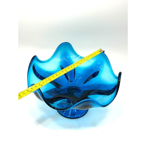 Vintage Bright Blue Compote Dish MCM Viking Art Glass Pedestal Bowl Dish 6 Point - Picture 8 of 10
